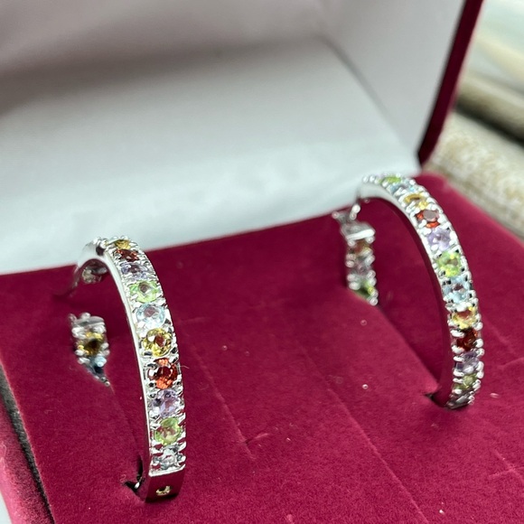 Vintage 925 Sterling Silver Multicolor Gemstone Hoop Earrings - Picture 13 of 16